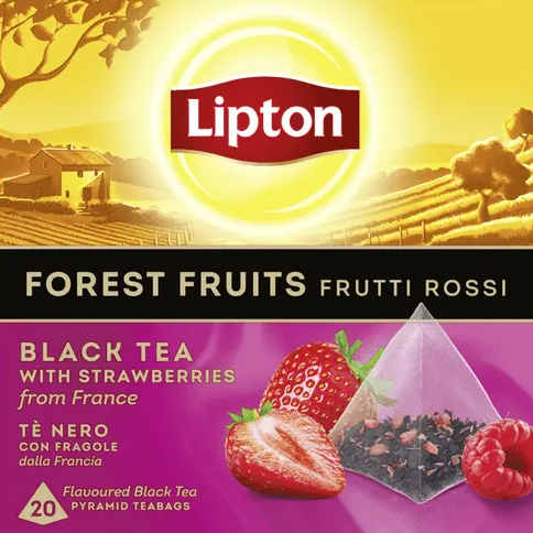 Lipton Vruchtenthee Forest Fruits box with 20 pyramid tea bags containing black tea with hibiscus raspberry and strawberry - Desapega.nl
