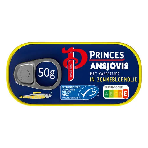 Princes Ansjovisfilet met Kappertjes 50g tin - premium salted anchovy fillets with capers in sunflower oil - Desapega.nl