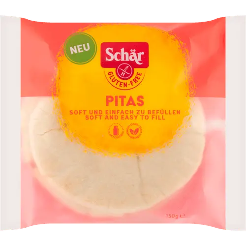 Schär Pita gluten-free pita bread 150g package showing soft flatbreads perfect for Mediterranean wraps and fillings - Desapega.nl