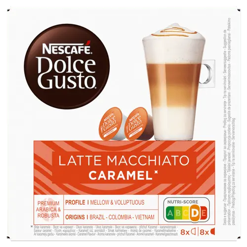 Starbucks Caramel Macchiato Dolce Gusto capsules box showing 16 coffee pods for preparing authentic caramel macchiato at home - Desapega.nl
