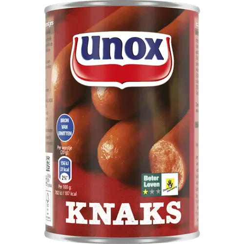 Unox Knaks 400g package - traditional Dutch smoked sausages with Better Life Quality Mark certification - Desapega.nl