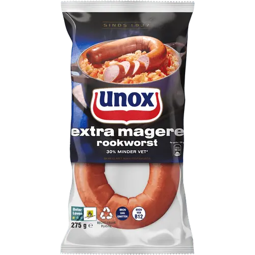 Unox Rookworst Extra Mager 275g Dutch lean smoked sausage with Beter Leven certification - Desapega.nl