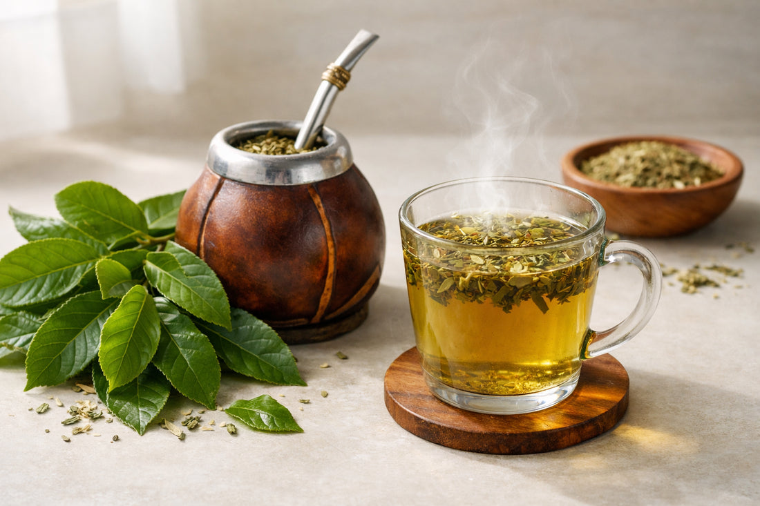 Yerba Mate tea — fresh Ilex paraguariensis leaves, traditional gourd, and a steaming cup of tea