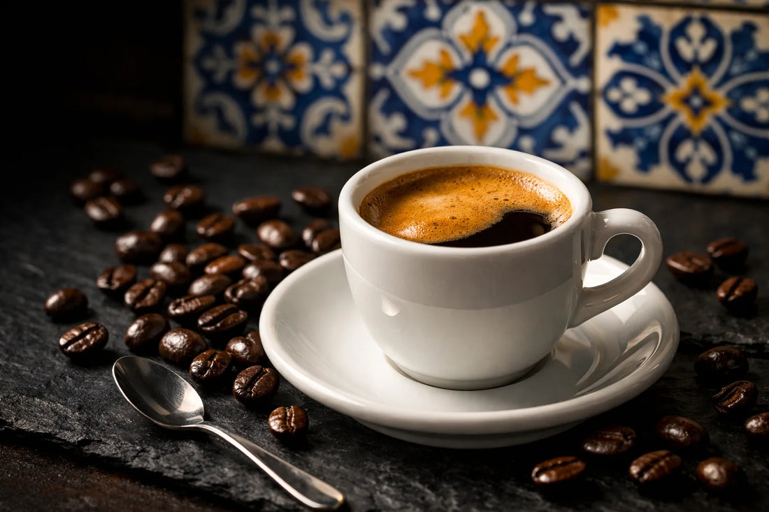 Cafeïne in Delta Café — een kopje espresso met een rijke crema, omringd door Delta Café koffiebonen.