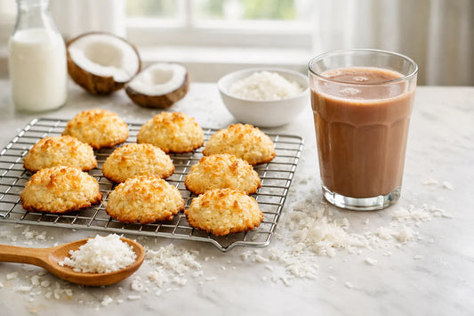 Kinderen Recepten — verse kokoskoekjes en een glas chocolademelk op een licht aanrecht