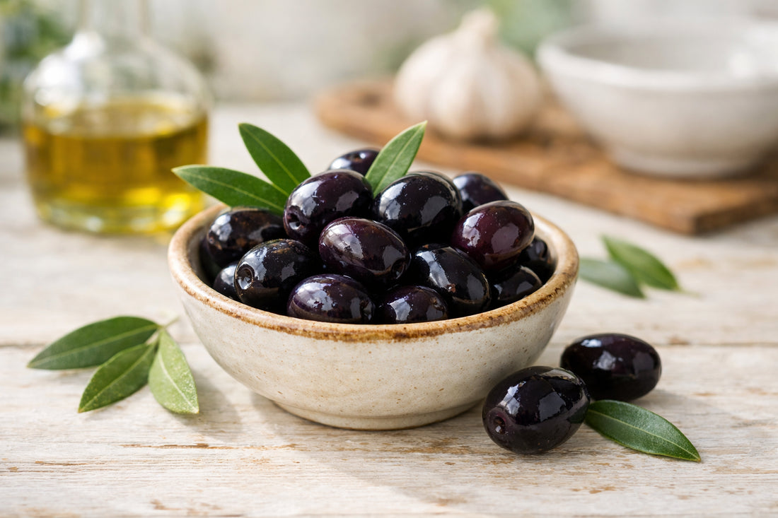 Black Olives — small bowl of fresh black olives on a rustic wooden table with olive leaves