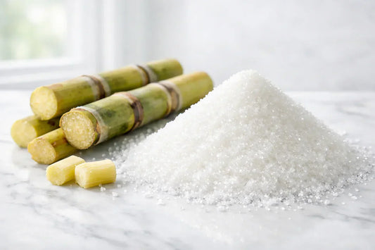 Sugarcane sugar — raw sugarcane stalks placed next to a bowl of refined white sugar crystals.