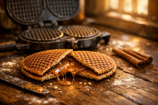 Stroopwafel zelf maken — a freshly baked stroopwafel being filled with caramel next to a traditional cast-iron press.