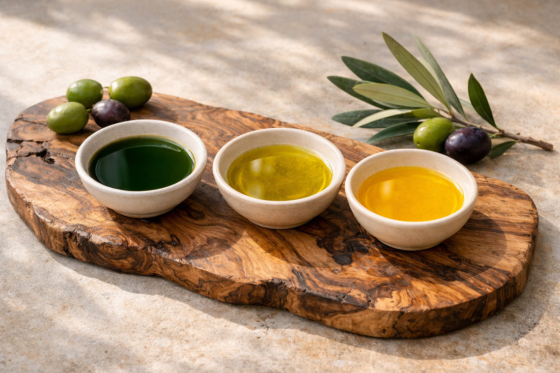 Olio Mimi Review — three distinct Puglian olive oils (Coratina, Ogliarola, Peranzana) in ceramic tasting bowls.
