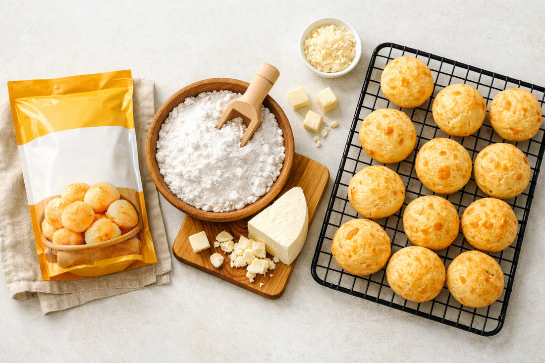 Kaasbrood mix — a comparison of a mix packet versus raw ingredients like polvilho and freshly baked cheese bread.