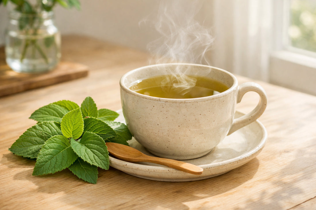 Chá de Boldo — a steaming cup of the herbal tea next to fresh green boldo leaves on a table.