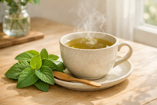Chá de Boldo — a steaming cup of the herbal tea next to fresh green boldo leaves on a table.