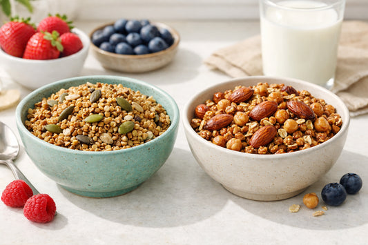 Eat Natural granola — a side-by-side comparison of two granola bowls, one with buckwheat and seeds, the other with almonds.