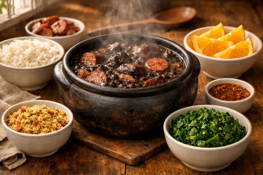 Feijoada — a traditional Brazilian black bean stew in a clay pot, served with rice, farofa, collard greens, and orange slices.