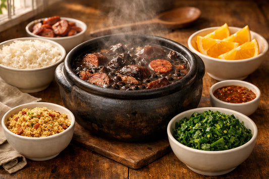Feijoada — a traditional Brazilian black bean stew in a clay pot, served with rice, farofa, collard greens, and orange slices.