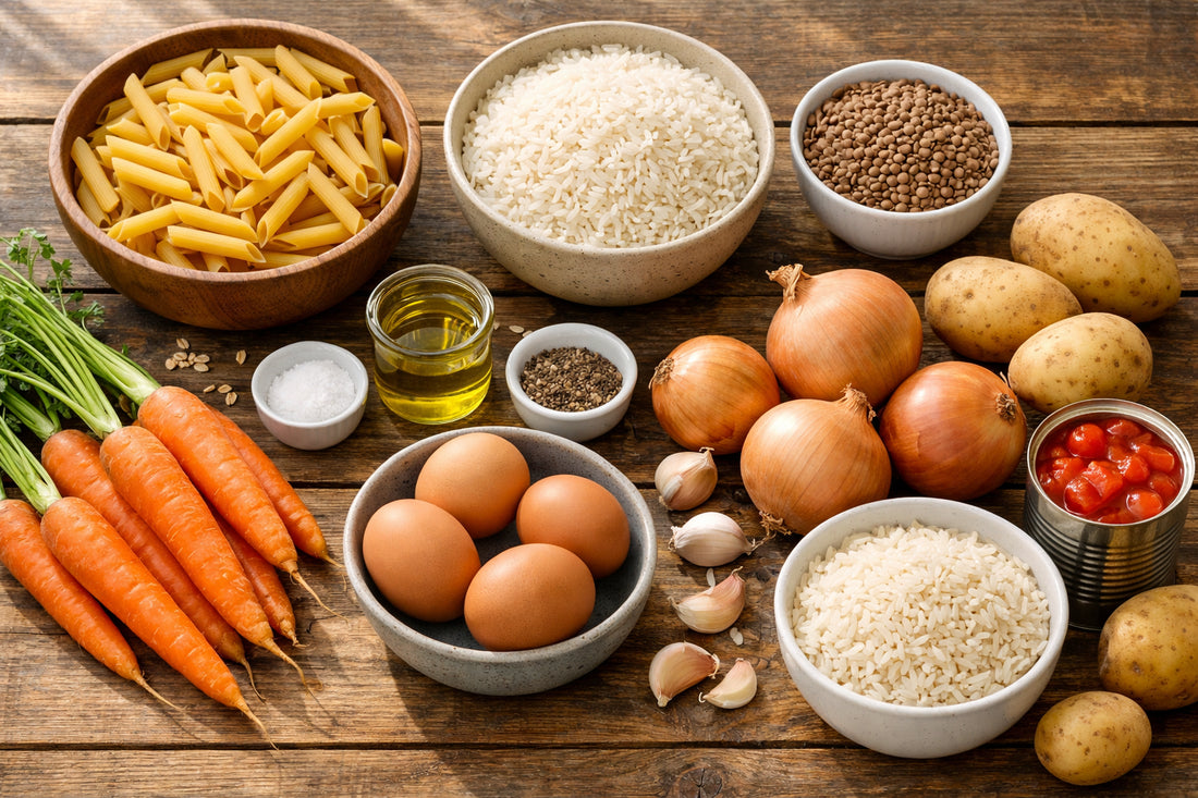 Budget recepten — a flat lay of affordable cooking ingredients like pasta, rice, and fresh vegetables on a wooden table.