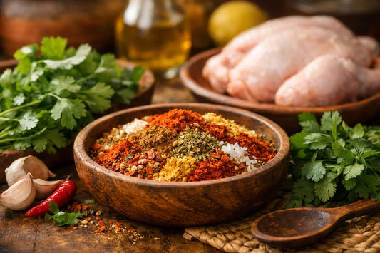 Brazilian Chicken Seasoning — traditional spice blend in a rustic bowl with fresh herbs and raw chicken in a Brazilian kitchen