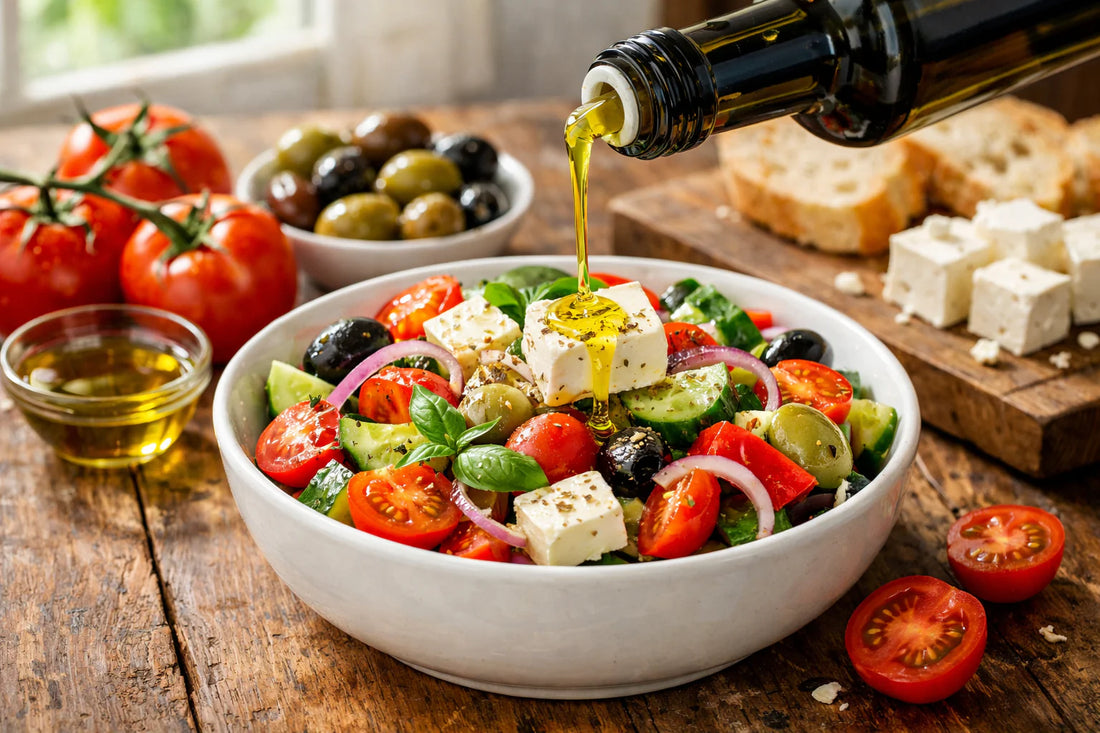 Etruna olijfolie review — extra virgin olive oil being poured from a bottle onto a fresh Mediterranean salad on a wooden table.