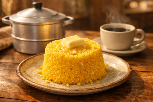 Cuscuz Brasileiro — A freshly made, steaming cuscuz on a plate with melting butter, part of a traditional Brazilian breakfast.