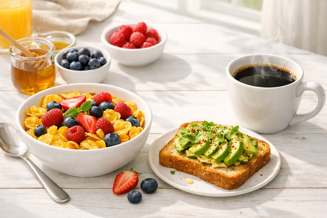 Glutenvrij ontbijt — een gezonde ontbijttafel met een kom cornflakes, toast met avocado en een kop koffie.