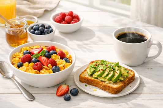 Glutenvrij ontbijt — een gezonde ontbijttafel met een kom cornflakes, toast met avocado en een kop koffie.
