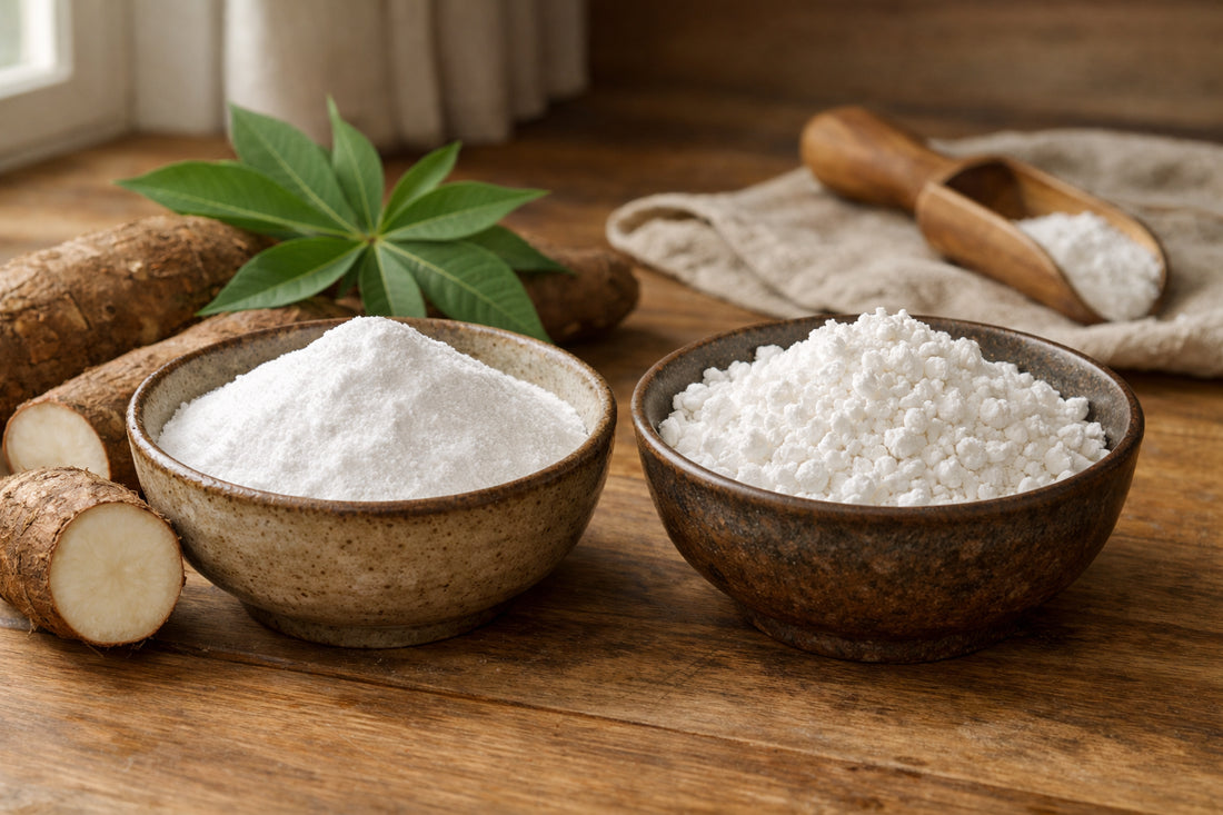 Polvilho Azedo vs Polvilho Doce — two ceramic bowls containing the different types of cassava starch on a wooden counter.