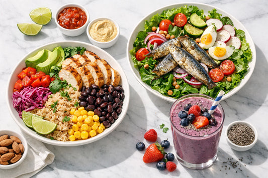 Proteïne recepten — an overhead view of several healthy high-protein meals including a rice bowl, salad, and smoothie.