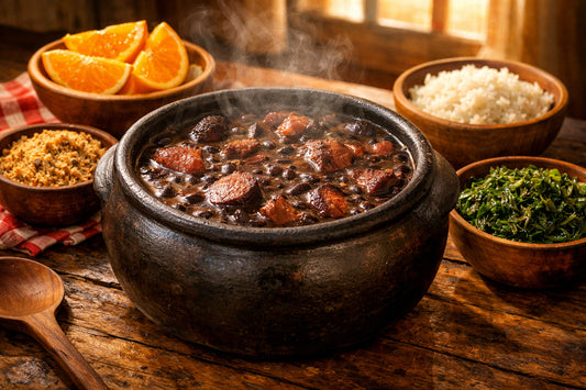 Feijoada Completa — a traditional Brazilian black bean stew in a clay pot, served with farofa, rice, and orange slices.