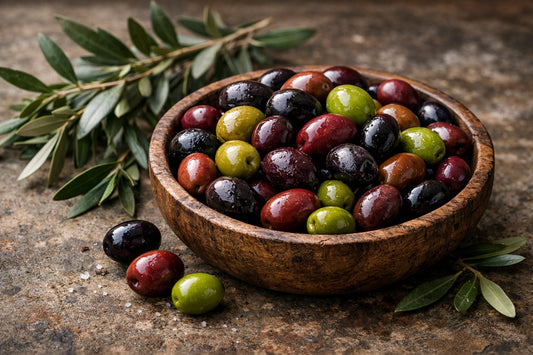 Italiaanse olijfvariëteiten — een mix van Leccino, Frantoio en Moraiolo olijven in een rustieke houten kom.