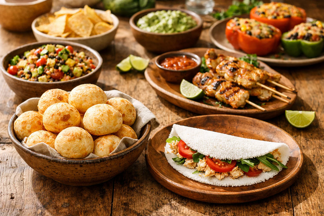 Glutenvrije recepten — een tafel met Braziliaanse kaasbroodjes (Pão de Queijo) en een tapioca wrap.