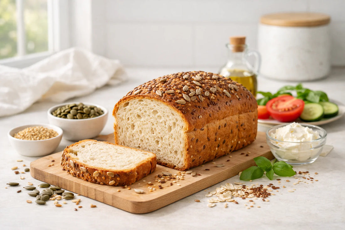 Schär glutenvrij brood — Een vers gesneden brood op een schone keukentafel.