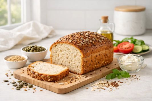 Schär glutenvrij brood — Een vers gesneden brood op een schone keukentafel.
