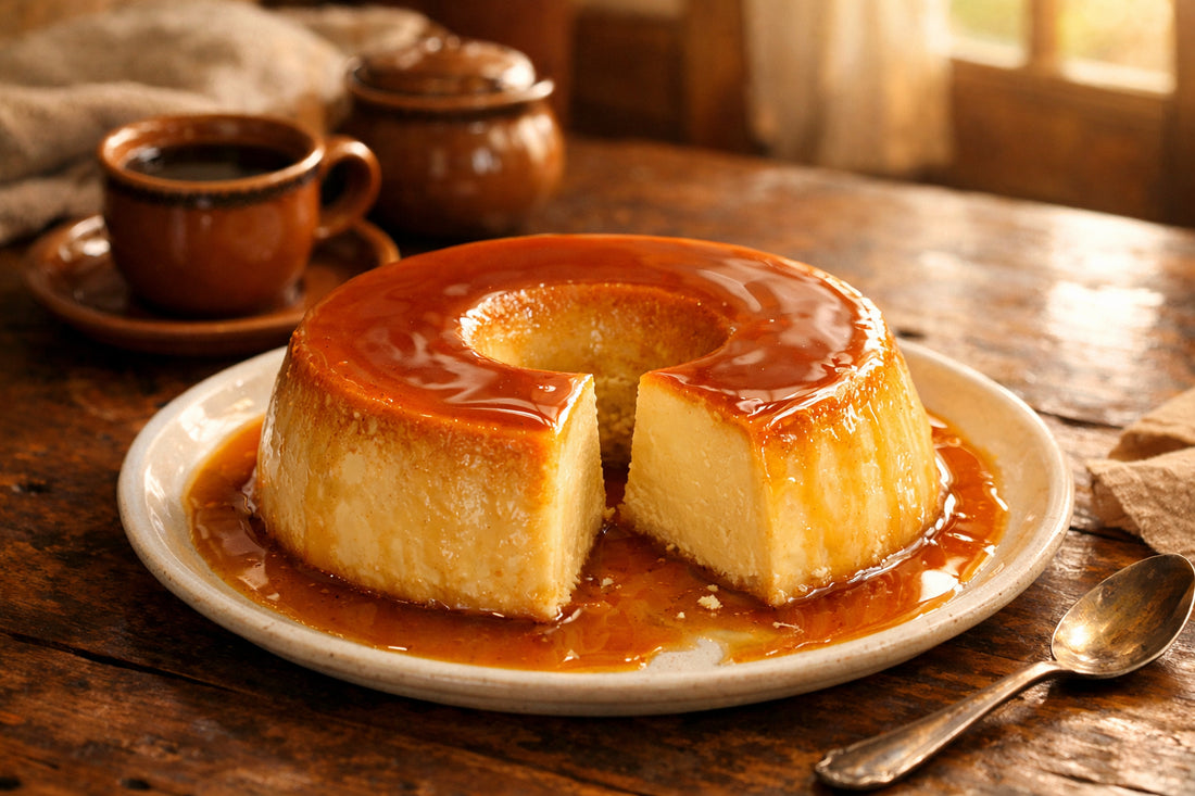 Pudim de Leite Condensado — A whole Brazilian flan with golden caramel sauce on a serving plate, with one slice cut out.