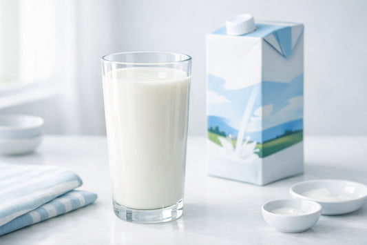 Cow's Milk — glass of semi-skimmed milk with a UHT carton on a bright surface