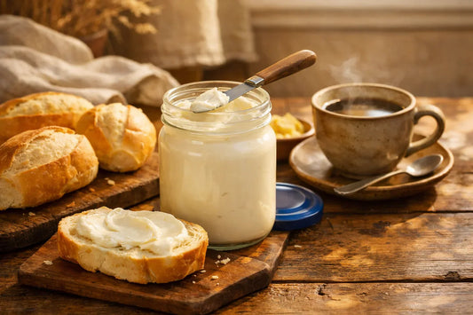 Requeijão Cremoso — jar of creamy cheese spread with pão francês and coffee on a rustic wooden table
