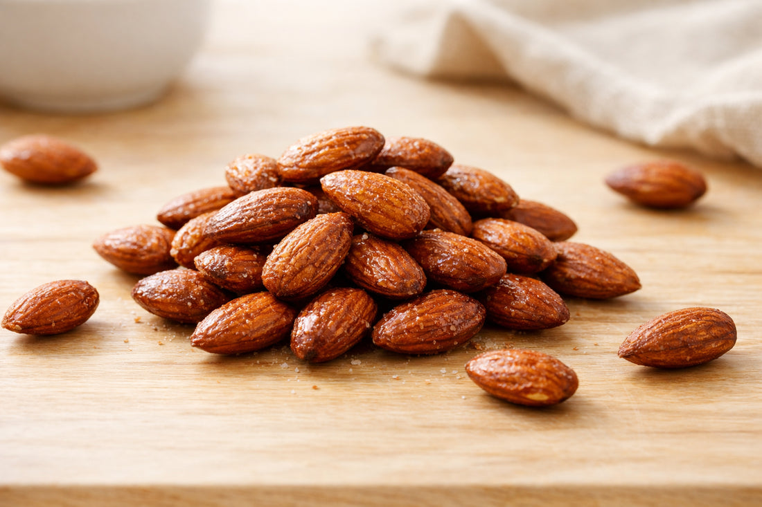 Almond — a small pile of roasted almonds on a light wooden surface