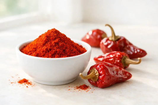 Paprika spice — a small white ceramic bowl filled with vibrant red paprika powder next to whole dried sweet peppers.