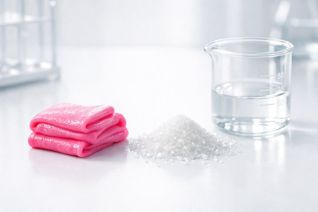 Dr Candy Bubblegum ingrediënten — een stuk roze kauwgom naast een hoopje suiker op een witte achtergrond.