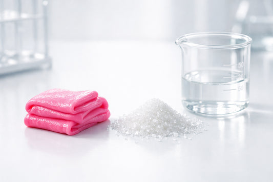 Dr Candy Bubblegum ingrediënten — een stuk roze kauwgom naast een hoopje suiker op een witte achtergrond.