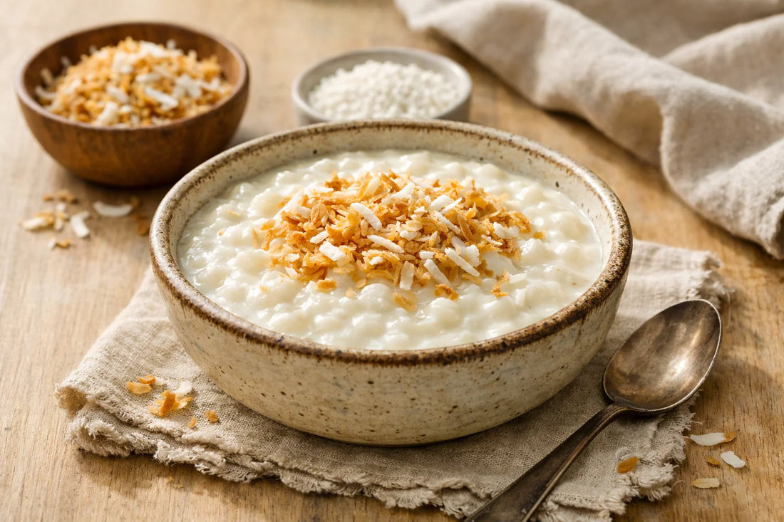 Suikervrije Tapioca Pudding — een romige, witte pudding in een keramische kom, gegarneerd met geroosterde kokos.