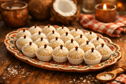 Beijinho recipe — A platter of authentic Brazilian coconut truffles topped with cloves.