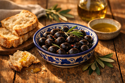 Galega Olive snack — traditional dark olives in a Portuguese ceramic bowl on a rustic table