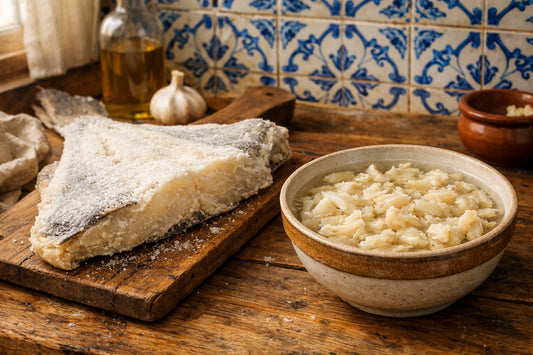 Bacalhau kopen in Nederland — a piece of dried salted cod (bacalhau) and a bowl of flakes on a rustic kitchen counter.
