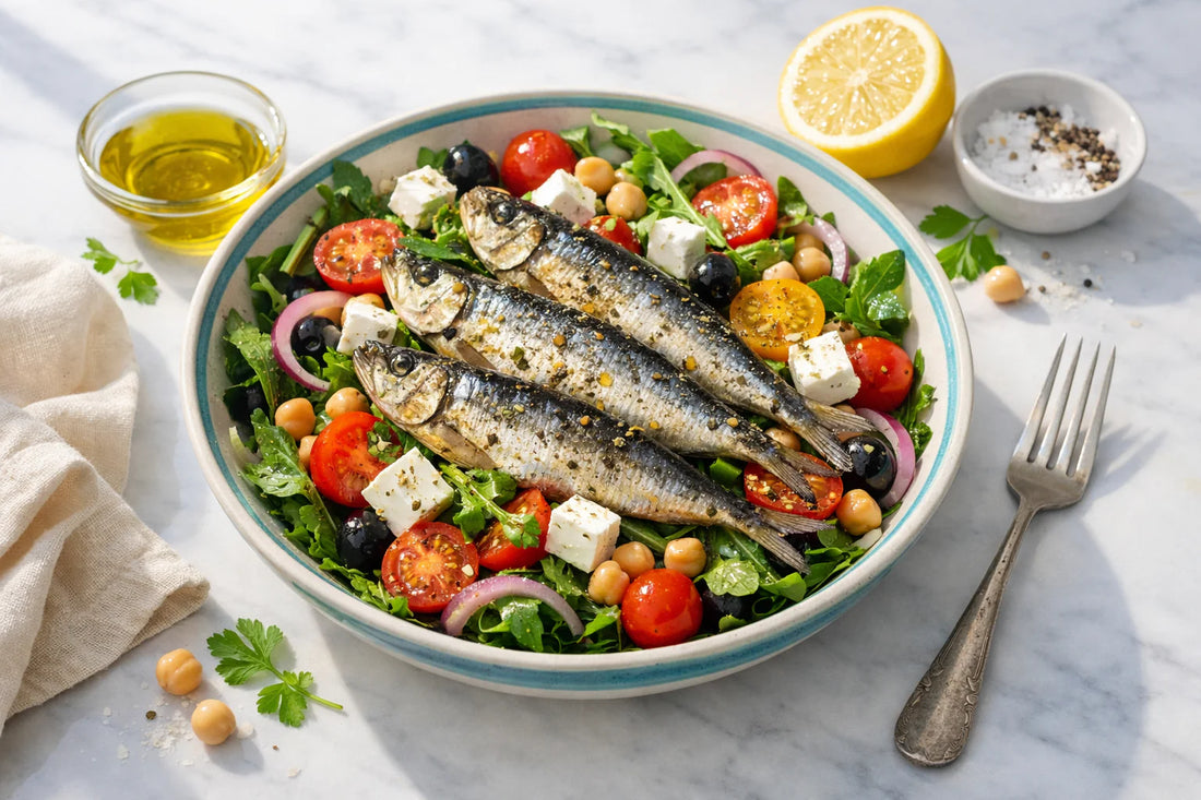 High-protein sardine salades — a fresh Mediterranean salad with Portuguese sardines, tomatoes, and feta in a ceramic bowl.