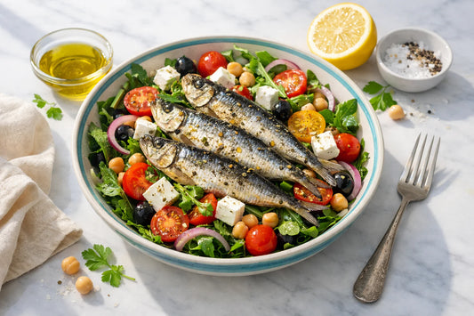 High-protein sardine salades — a fresh Mediterranean salad with Portuguese sardines, tomatoes, and feta in a ceramic bowl.