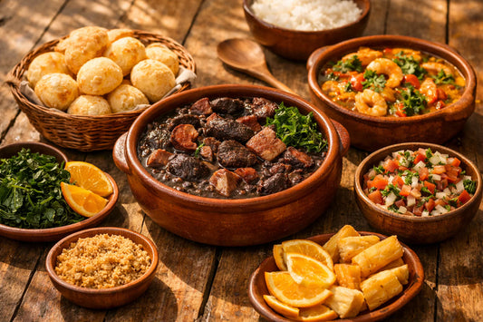 Braziliaanse recepten — een feestelijke tafel met authentieke gerechten zoals Feijoada, Pão de Queijo en Moqueca.