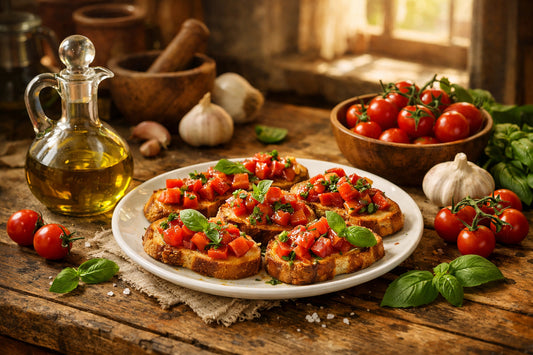 Italiaanse olijfolie — een bord met vers gemaakte bruschetta al pomodoro op een rustieke houten tafel.