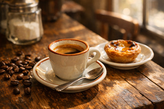 Café Português — a traditional Portuguese espresso, or bica, served in a ceramic cup on a rustic wooden table.