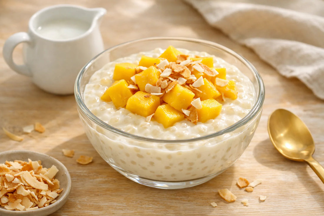 Vegan tapioca pudding — a creamy bowl of pudding topped with fresh mango and toasted coconut.