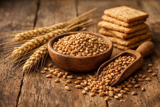 Wheat — whole wheat grains and stalks with Mini Tostas on a wooden surface
